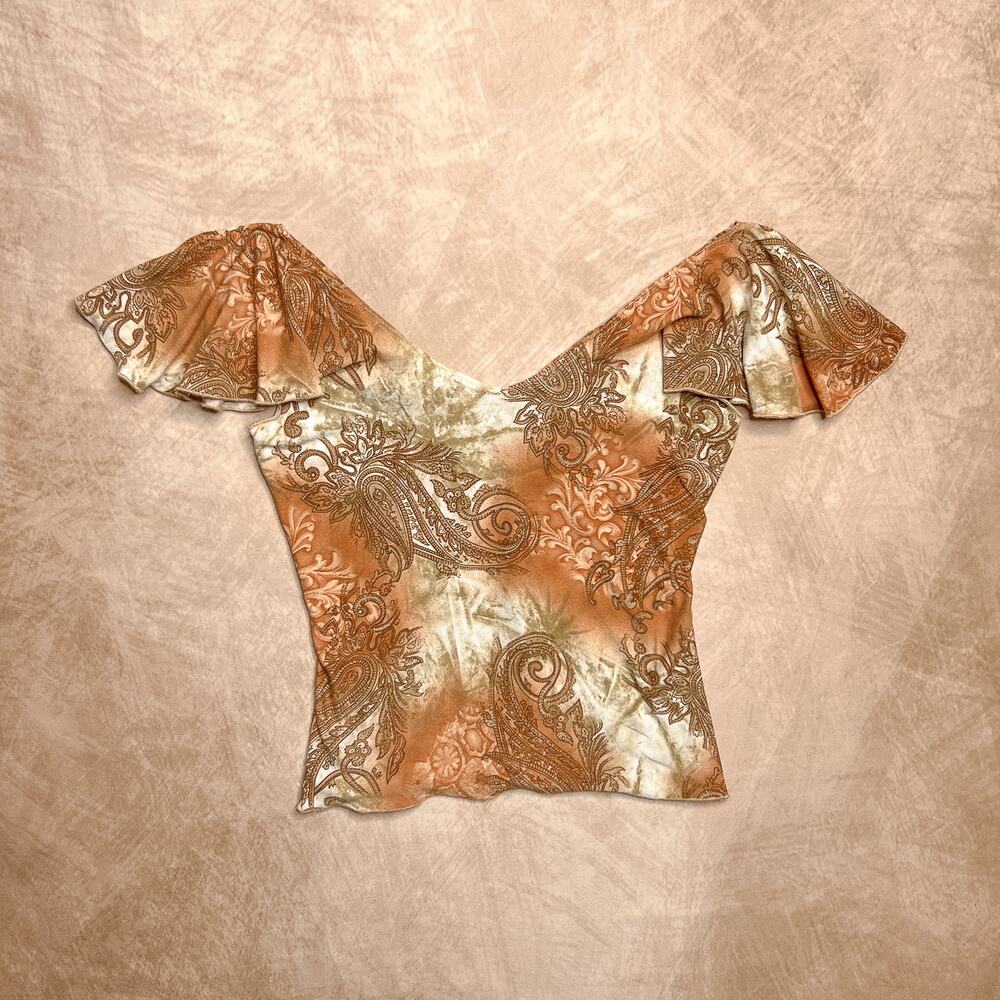 Vintage Y2K Paisley Flutter Sleeve Top Empire Waist Cropped V Neck Renaissance - Picture 4 of 12